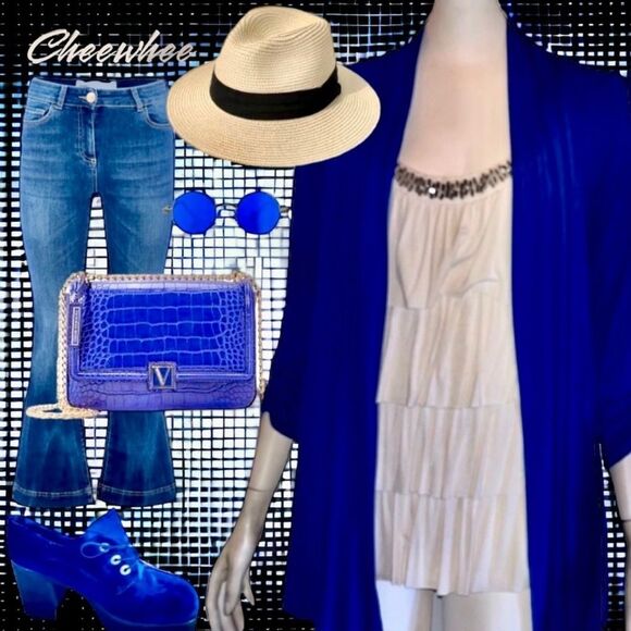 AB Studio (Kohl’s) Top Royal Blue Ivory Ruffled Beaded Neckline Cami Cardi S - Picture 9 of 16